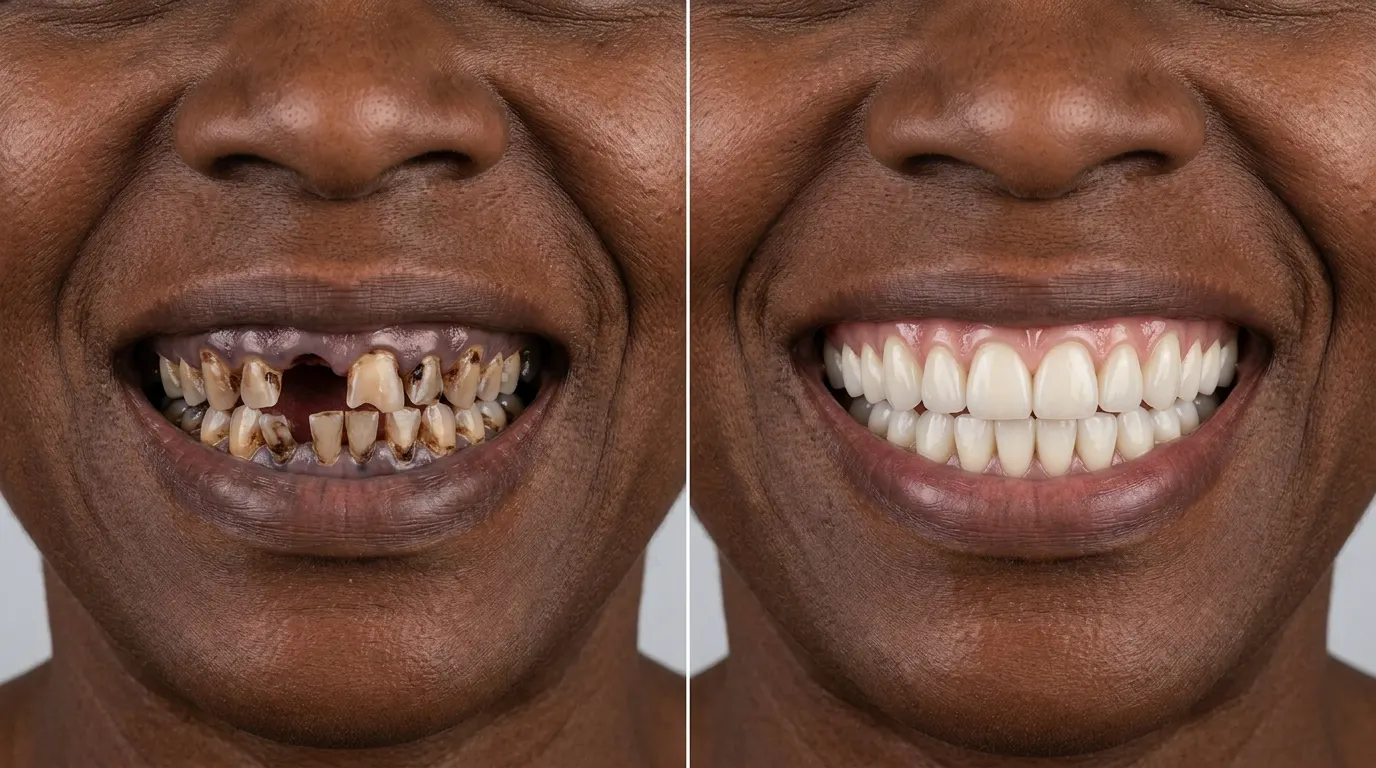 After: a complete, natural-looking full-arch smile fixed on All-on-4 implants