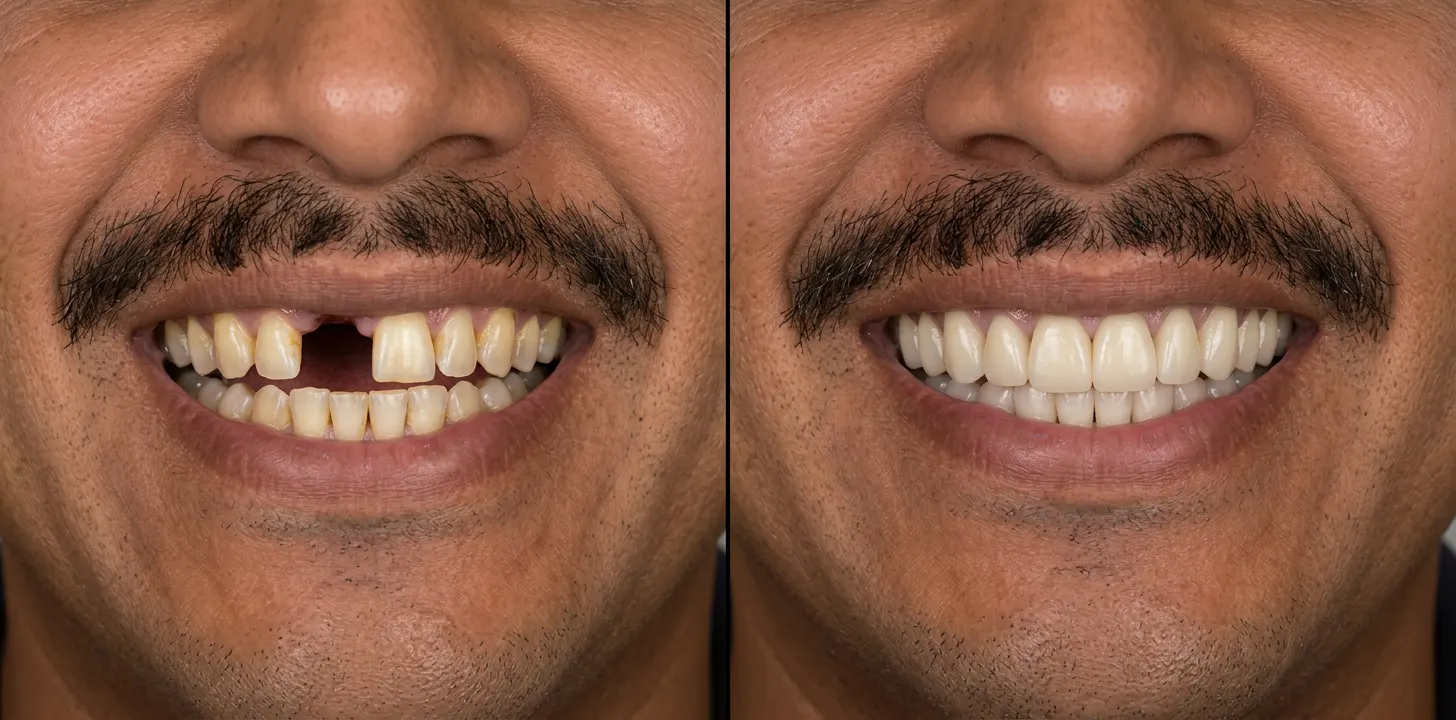 After: the gap filled with a natural-looking implant crown and a whiter smile