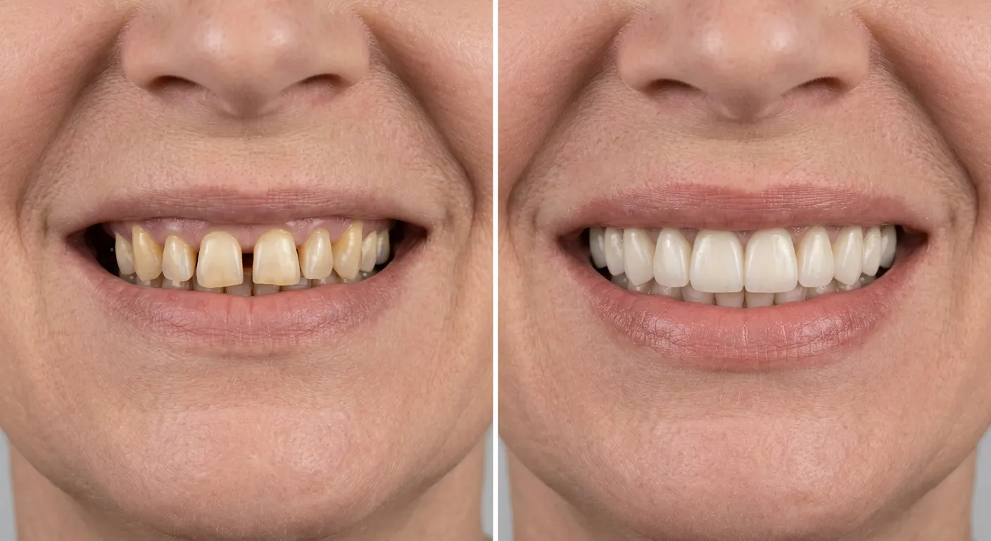 After: bright, evenly shaped teeth with the gap closed