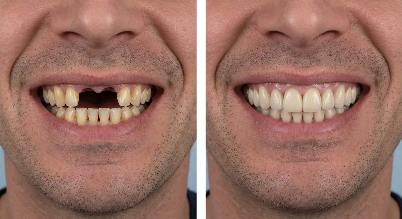 After: the gap filled with natural-looking implant teeth and a whiter smile
