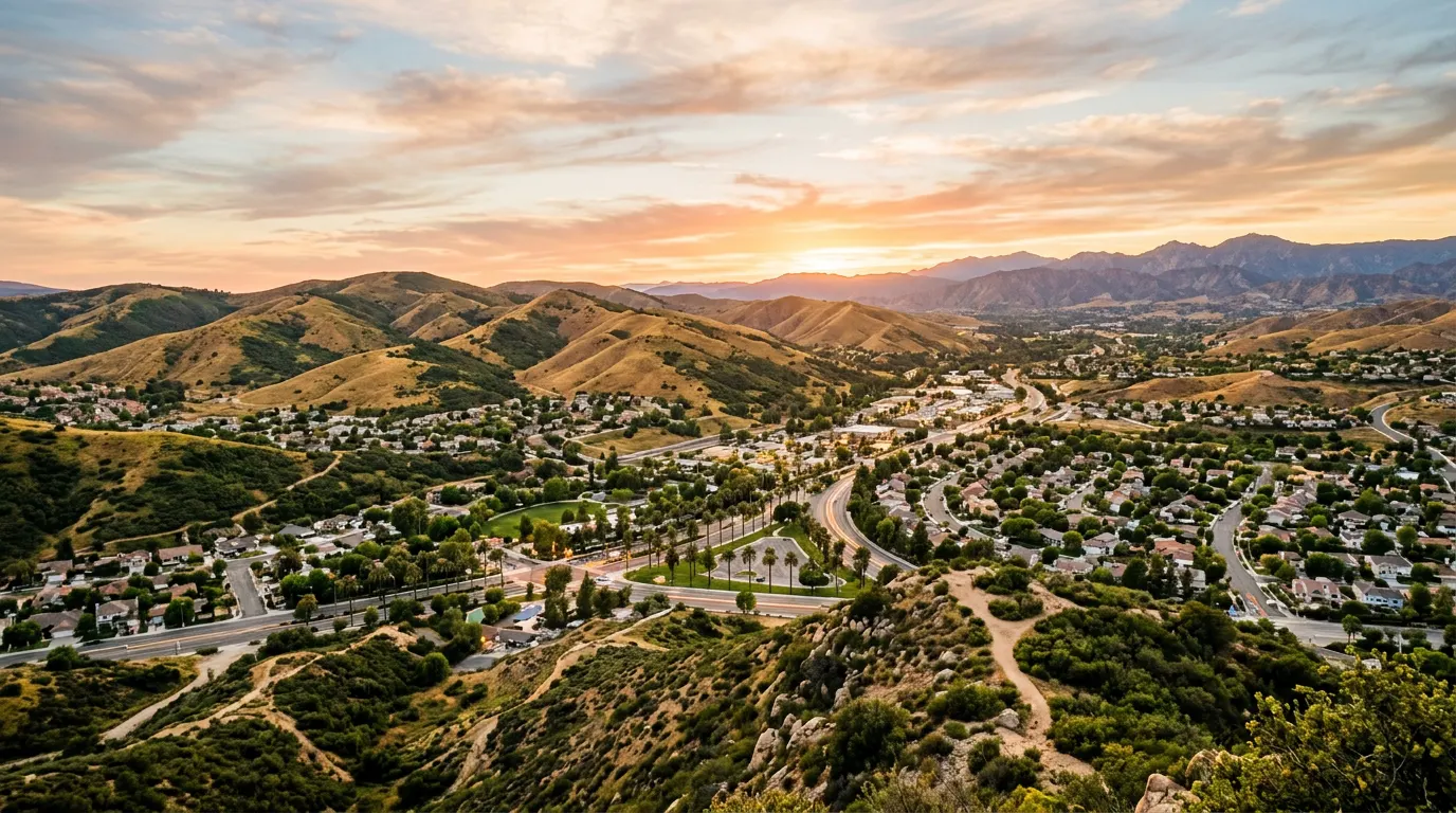 Golden-hour view over the Santa Clarita Valley foothills and neighborhoods