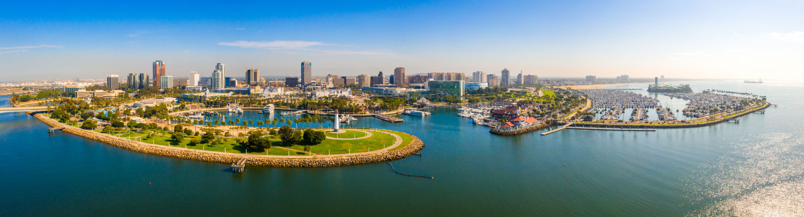 Aerial view of the Long Beach skyline, marina and Shoreline Village waterfront