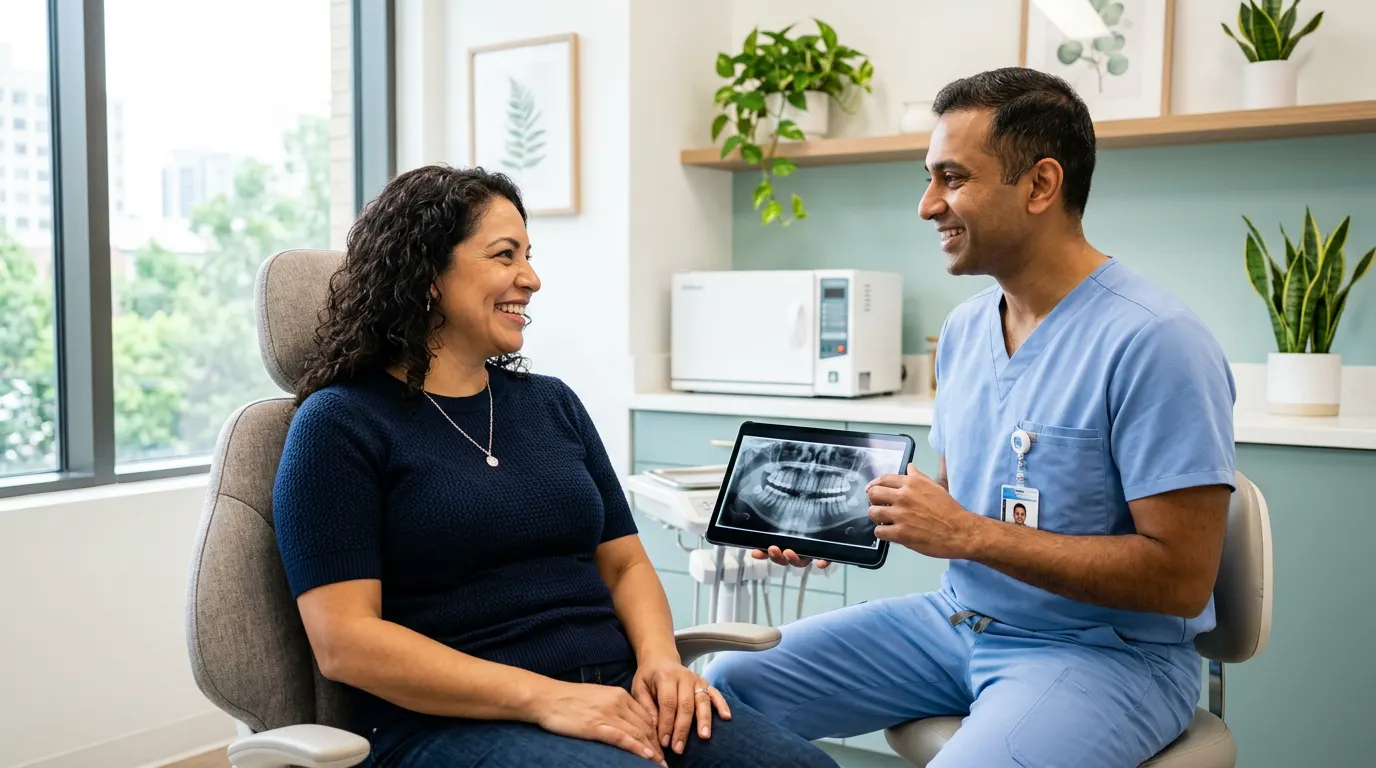 Smiling Latina patient seated upright as her South Asian dentist shows her X-ray on a tablet
