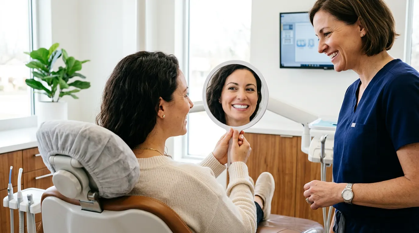 Armenian American patient smiling at her new cosmetic smile in a hand mirror beside her dental team member