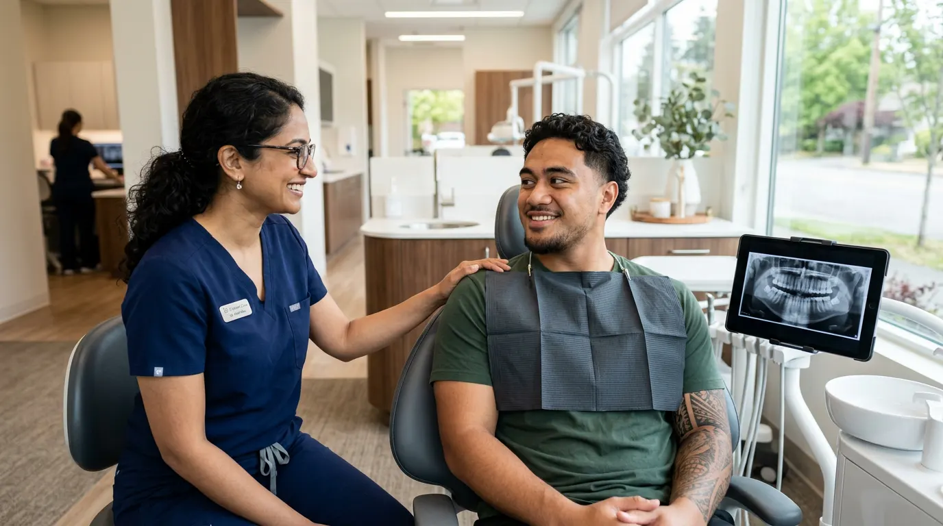 Relieved Pacific Islander patient smiling as his dentist reassures him, with his X-ray shown on a tablet