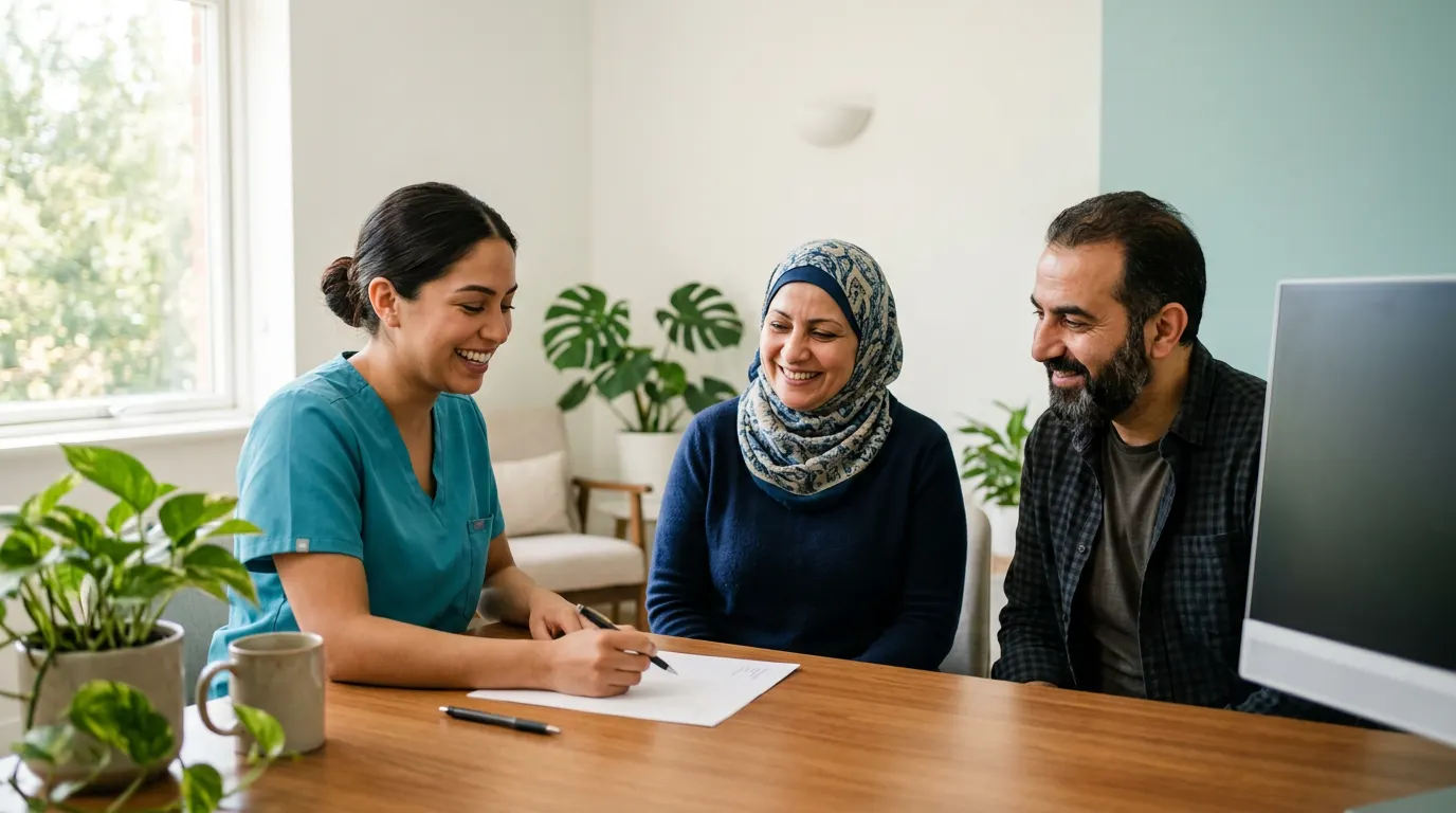 Latina treatment coordinator walking a smiling Middle Eastern couple through a simple monthly payment plan
