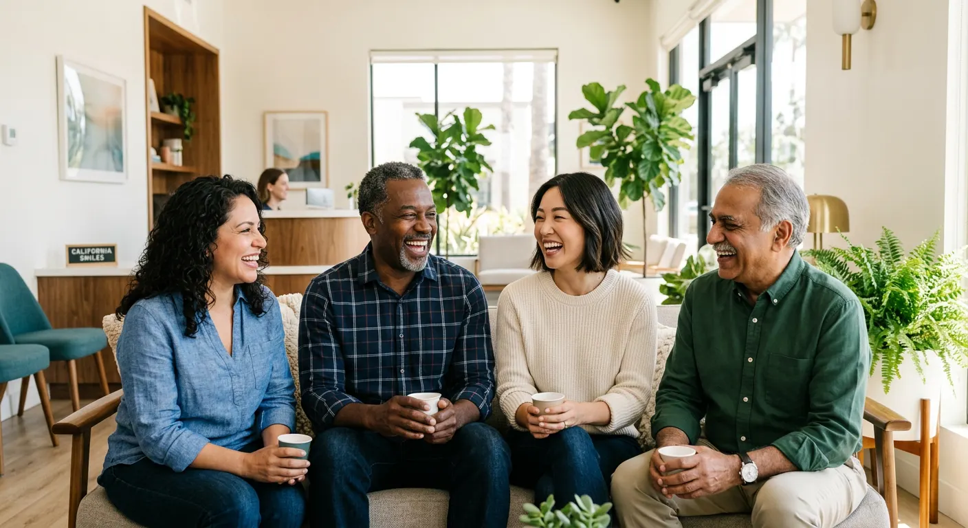 Latina, Black, Japanese American and South Asian patients laughing together in a bright dental office lounge