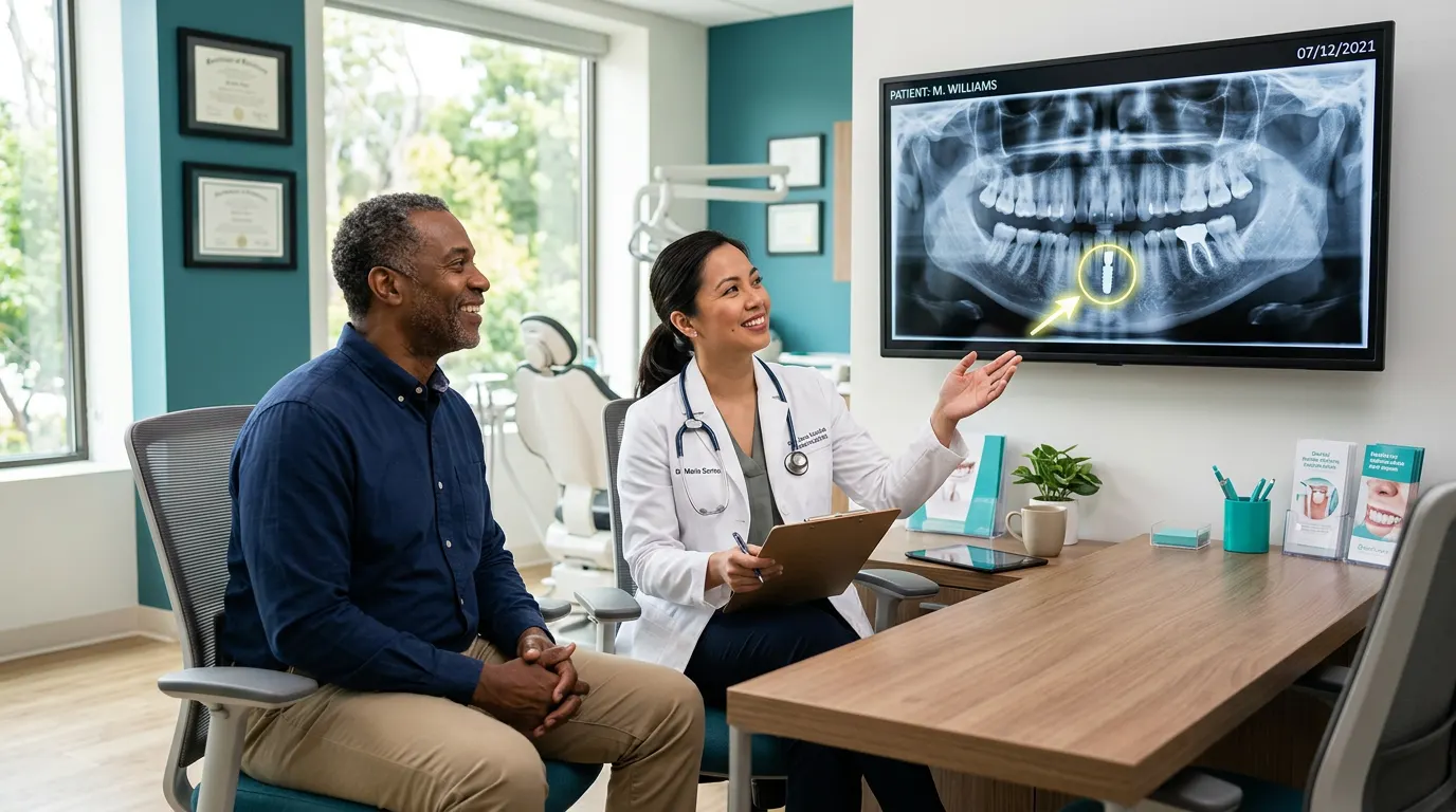Filipina American dentist showing a smiling Black patient his implant plan on a panoramic X-ray screen