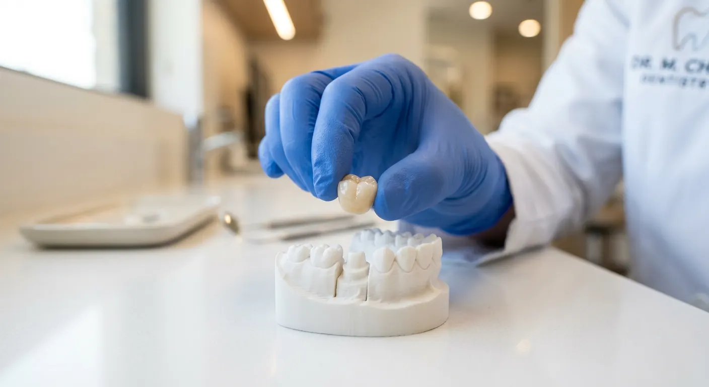 Close-up of a dental technician's hands holding a finished tooth-colored ceramic crown