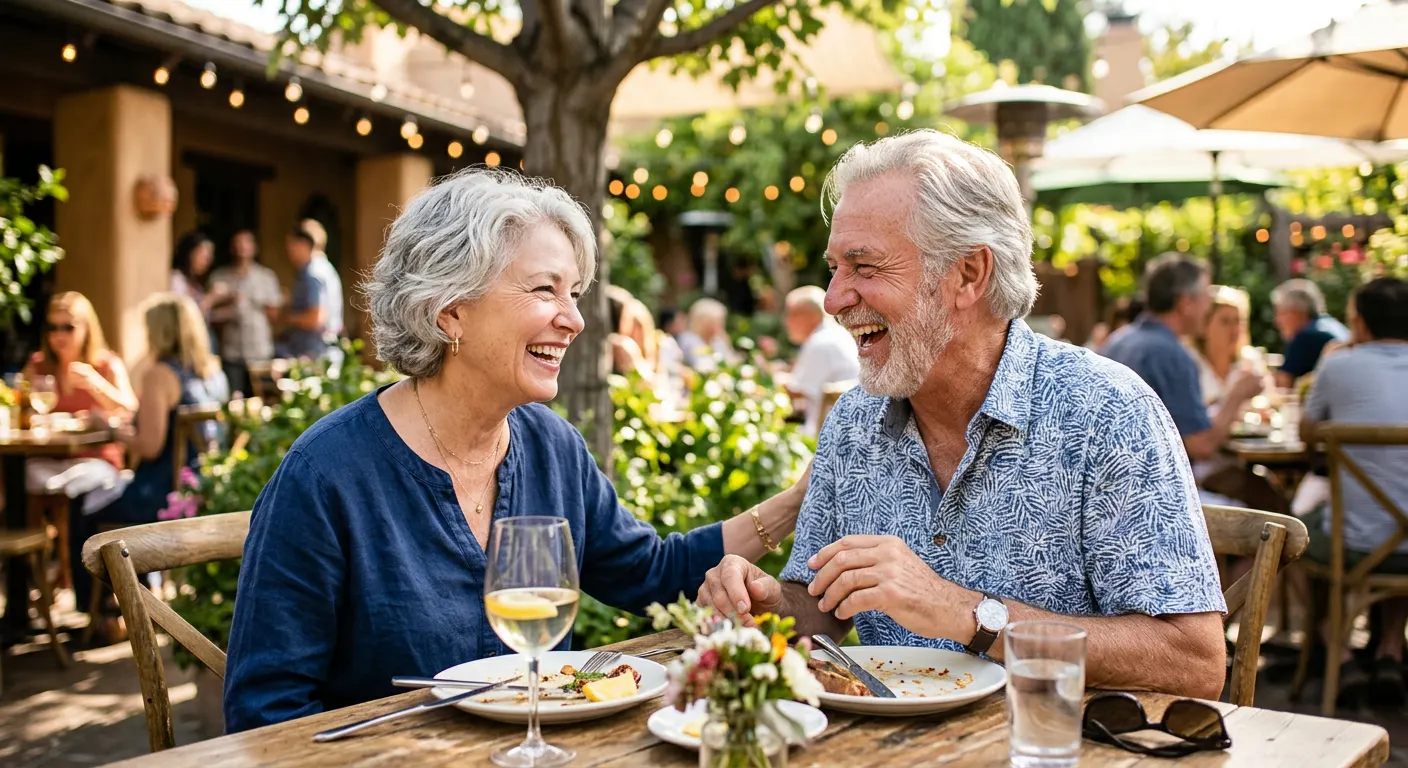 Laughing older couple enjoying dinner on a patio after getting All-on-4 implant teeth