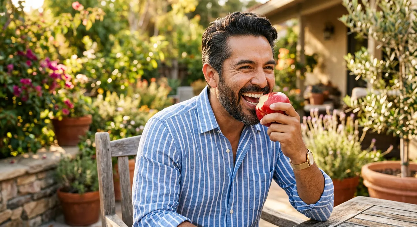 Smiling man confidently biting into a crisp apple with his dental implant