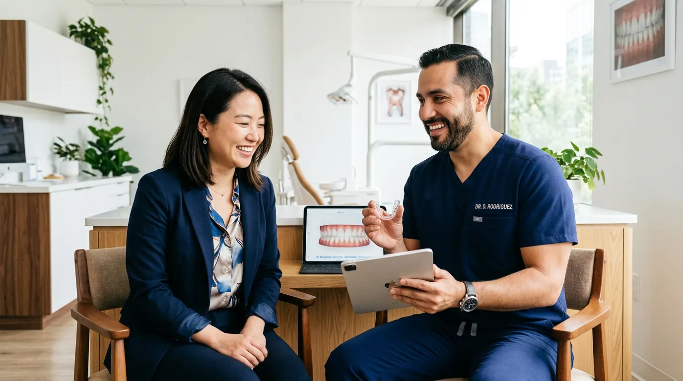 Smiling Korean American professional as her Latino dentist holds a clear aligner and shows a 3D smile simulation on a tablet