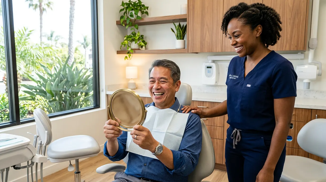 Patient admiring her new smile in a hand mirror